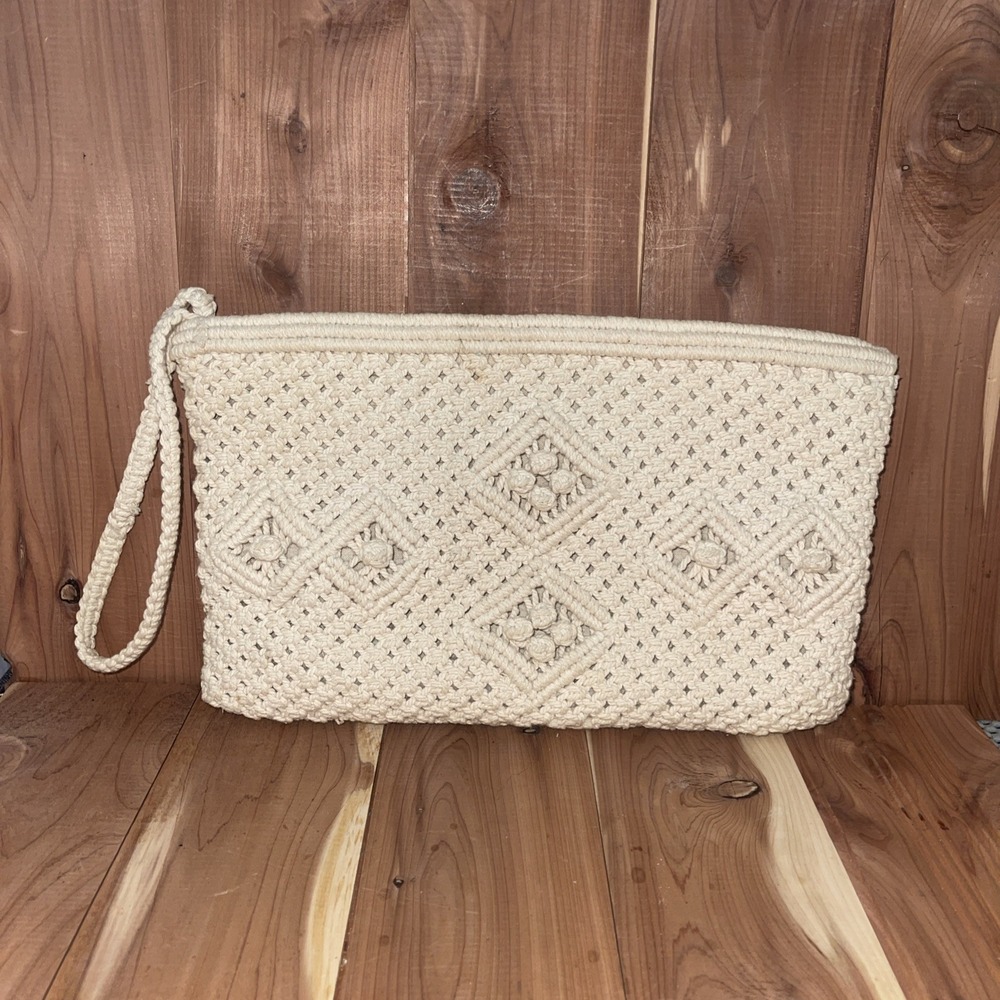 Vintage Crochet Macrame Clutch Wristlet Purse Beige Cream Cottagecore Grannycore